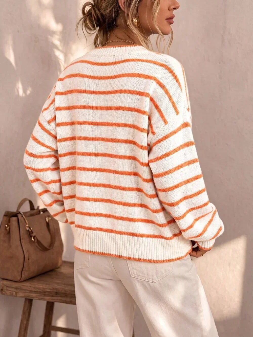 White Casual Women's Single-Breasted Striped Long Sleeve Knit Cardigan